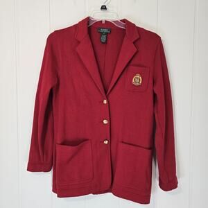 Lauren Ralph Lauren Blazer Womens Small Red Crest Patch Knit Gold Button Jacket